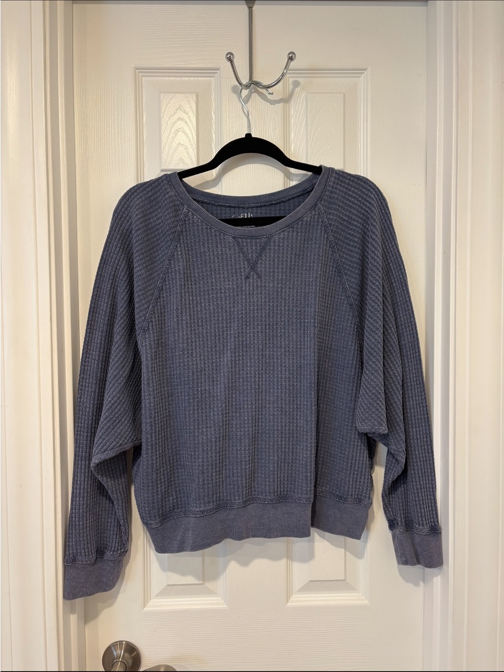 Blue Waffle-Knit Long Sleeve Pullover